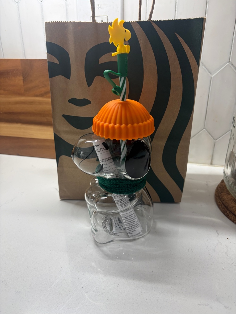 Starbucks Clear Bear Bottle with Orange Lid and Green Straw